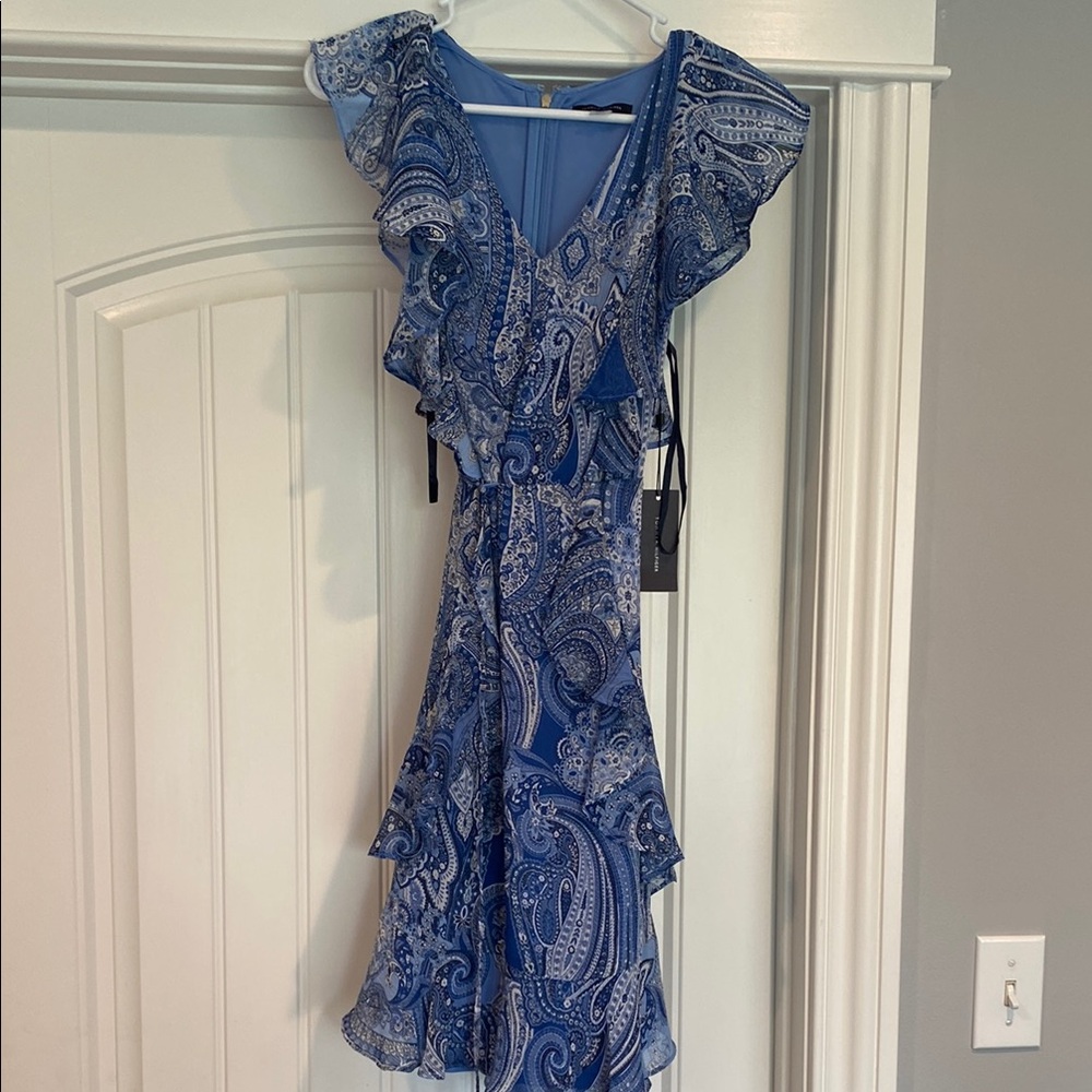 Tommy Hilfiger Blue and White Asymmetrical Sundress with Flutter Sleeves